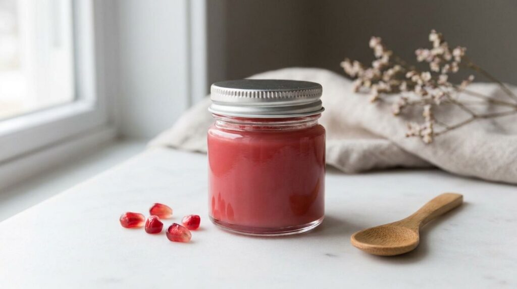 A small clear glass jar filled with the finished pomegranate honey and Vaseline night balm with a smooth glossy texture