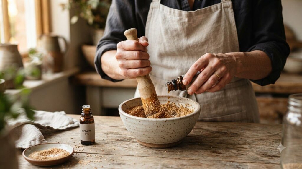 A person s hands gently grinding sesame seeds in a mortar with a pestle with a small amount of oil being added