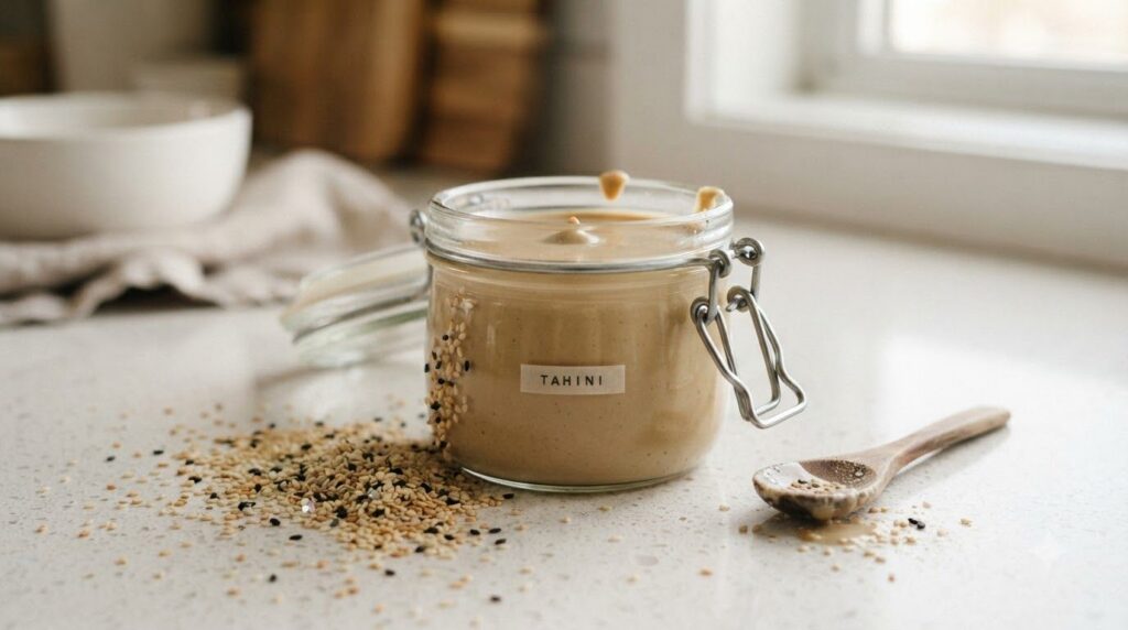 A small airtight glass jar filled with sesame seed paste placed on a kitchen counter near fresh sesame seeds Good lighti