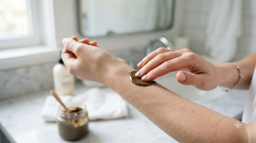 A person s hand applying a small amount of sesame seed paste to their inner forearm for a patch test in a well-lit bathr