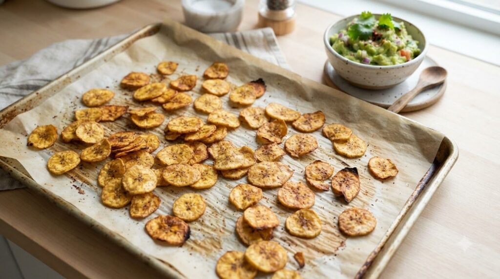 Crispy baked plantain chips scattered on a parchment-lined baking sheet with a bowl of guacamole in the background