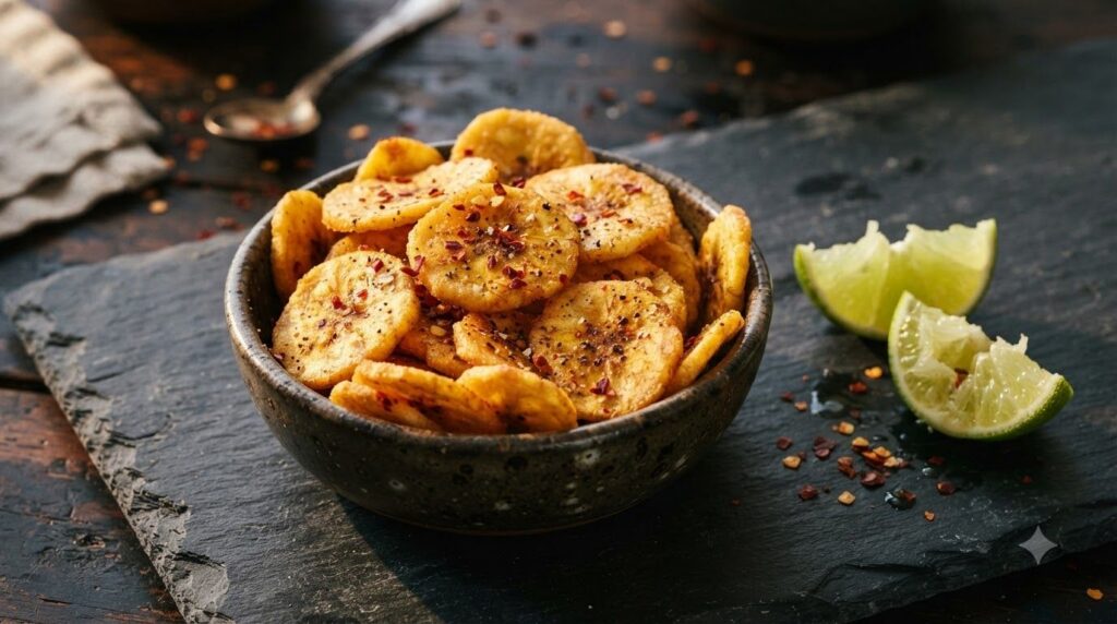 Spicy plantain chips with red chili flakes visible served in a small bowl with a side of lime wedges
