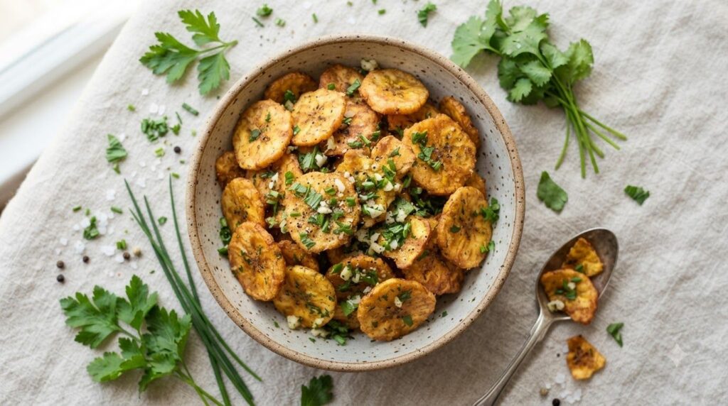 Plantain chips seasoned with finely chopped green herbs and garlic served in a ceramic bowl with fresh herb sprigs