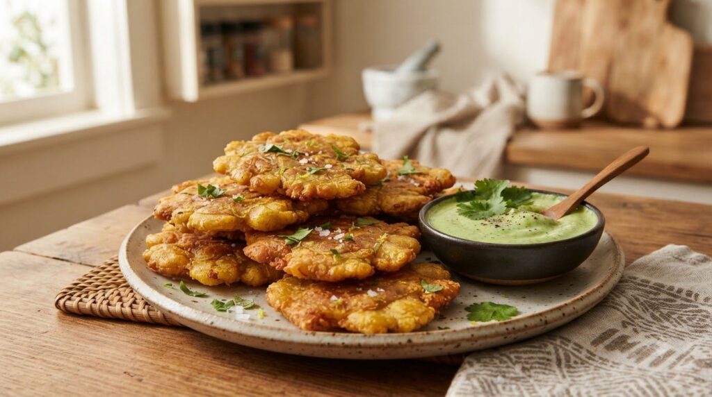 Golden-brown flattened plantain tostones served on a plate with a side of dipping sauce