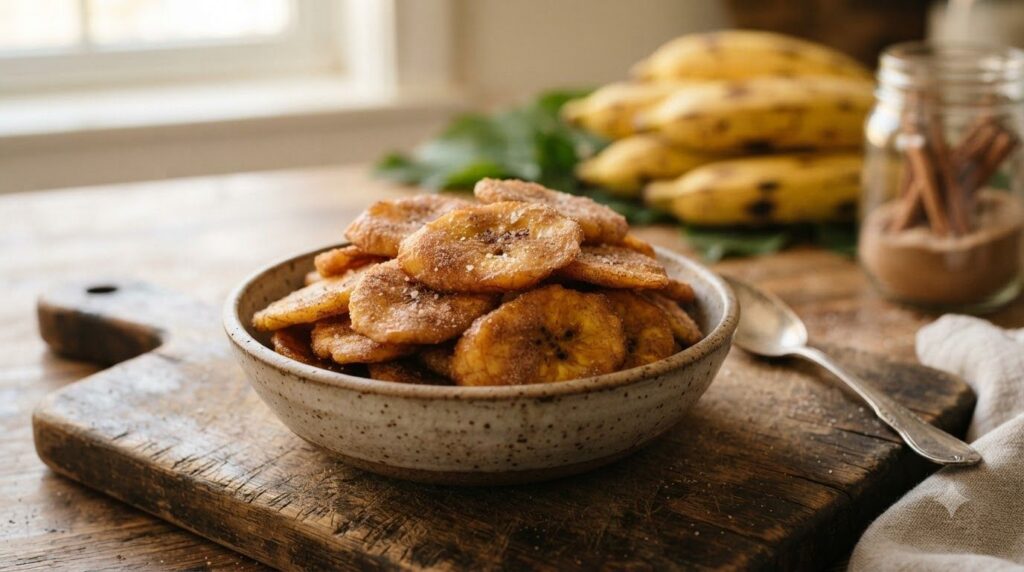 Golden-brown sweet plantain chips with a hint of cinnamon sugar arranged on a rustic wooden board next to a bowl of ripe
