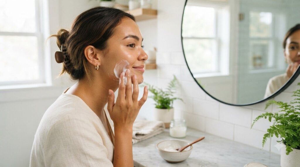 A woman gently applying the homemade rice collagen gel to her face showing a smooth white texture Her expression is sere