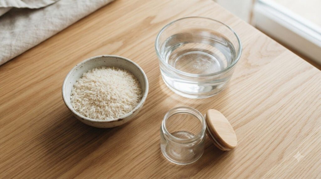 Ingredients for rice collagen gel a bowl of white rice a pot of water and a small glass jar for the finished gel