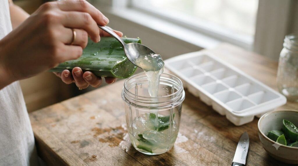 Close-up of fresh aloe vera gel being scooped from a leaf into a blender with an ice cube tray ready beside it