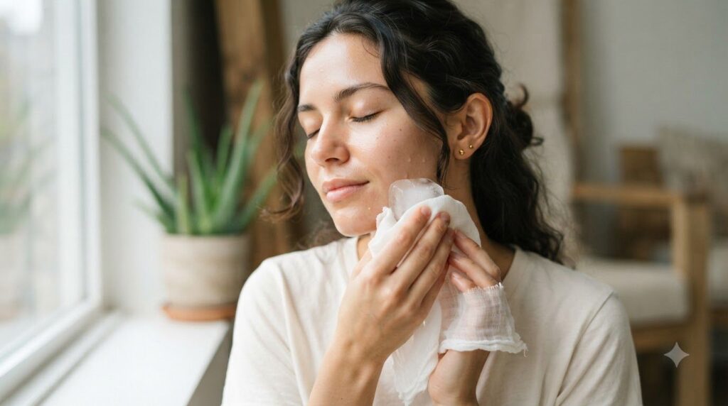 A woman gently rubbing an aloe vera ice cube wrapped in a thin cloth across her cheek eyes closed in comfort