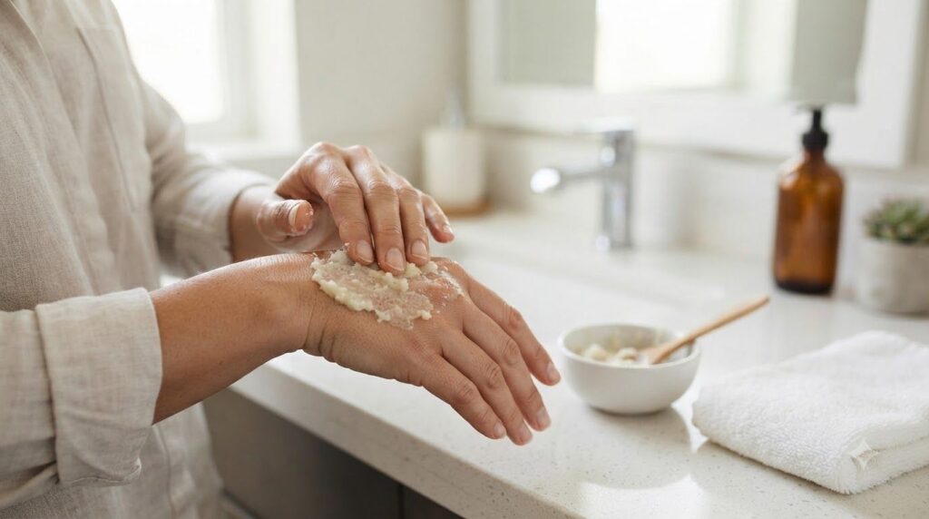 A person applying the potato and toothpaste paste to their hand gently massaging it into the skin The focus is on the ha