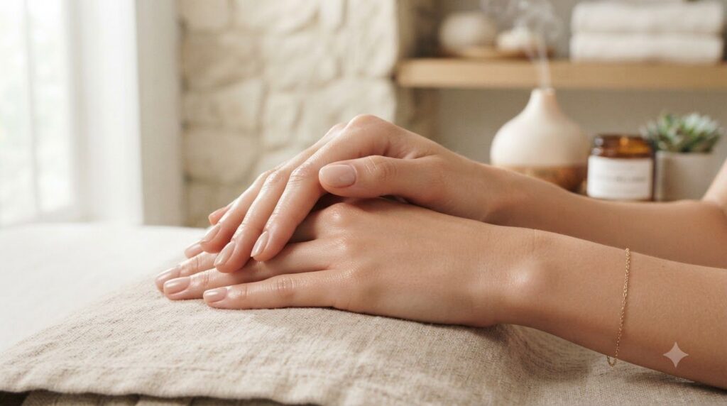 A close-up of soft smooth hands possibly after applying a beauty treatment showcasing healthy-looking skin with a subtle