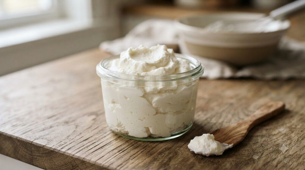 A close-up of a glass jar filled with a light fluffy homemade cream with a small spatula beside it on a natural wood sur