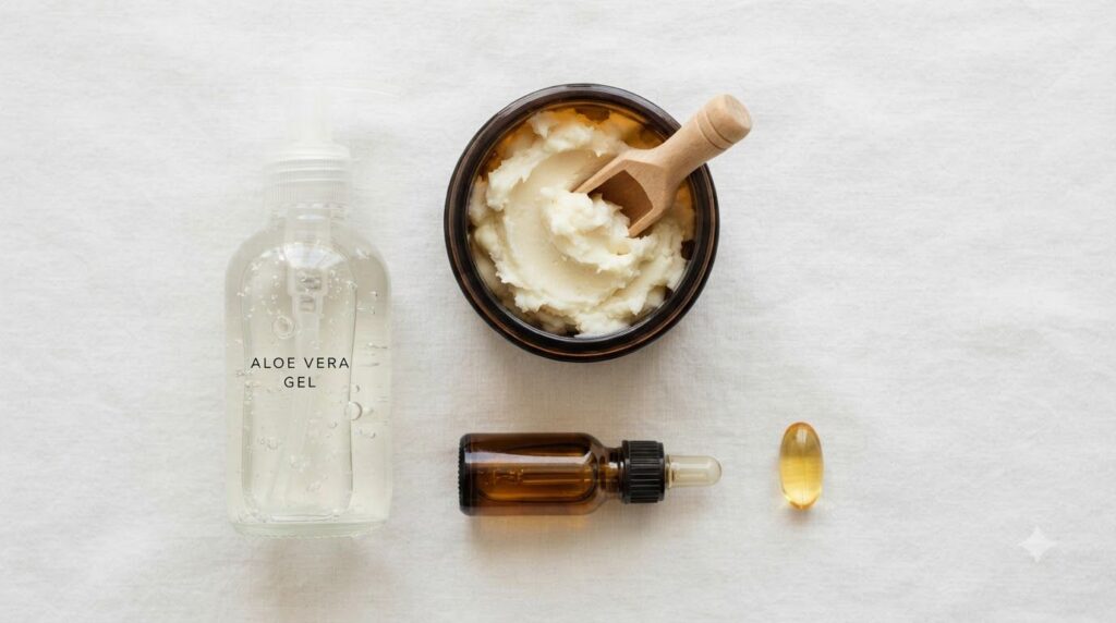 A collection of natural ingredients for skincare a jar of shea butter a bottle of aloe vera gel a small vial of sweet al