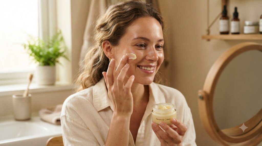A woman gently applying the homemade cream to her cheek smiling softly with soft lighting highlighting her glowing skin