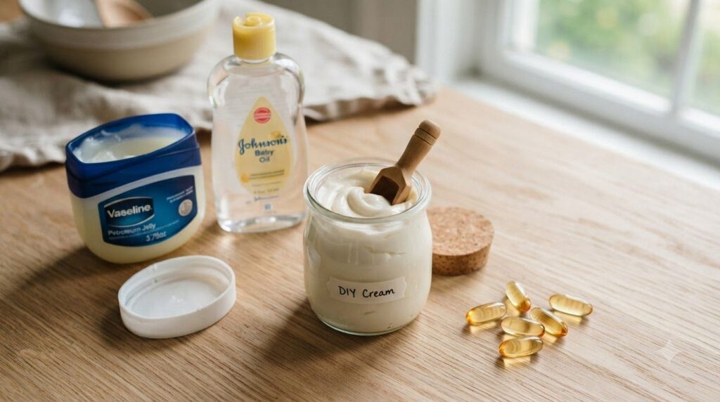 A small glass jar containing the mixed Vaseline Vitamin E and baby oil cream with the ingredients Vaseline jar Vitamin E