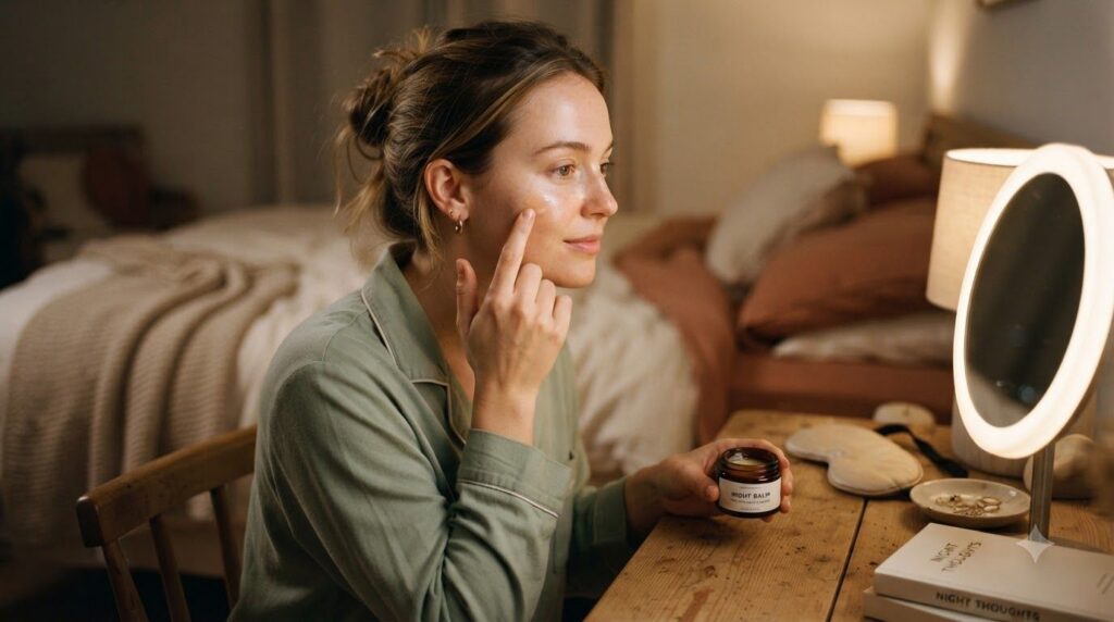 A woman gently applying a small amount of the balm to her clean face before bed focusing on areas like under her eyes or