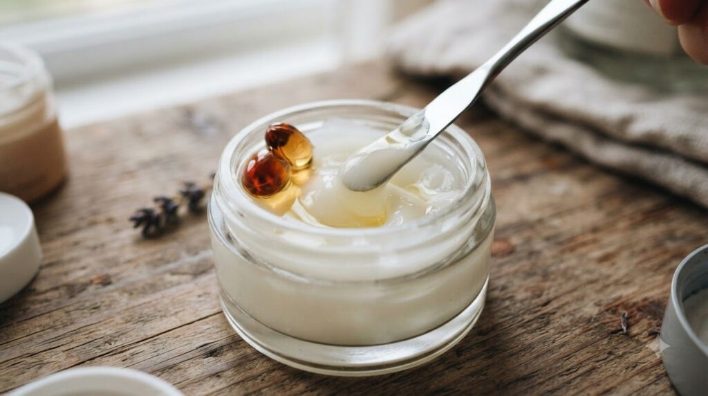 A close-up of a small clean container with Vaseline and the liquid from a Vitamin E capsule being mixed with a tiny spat