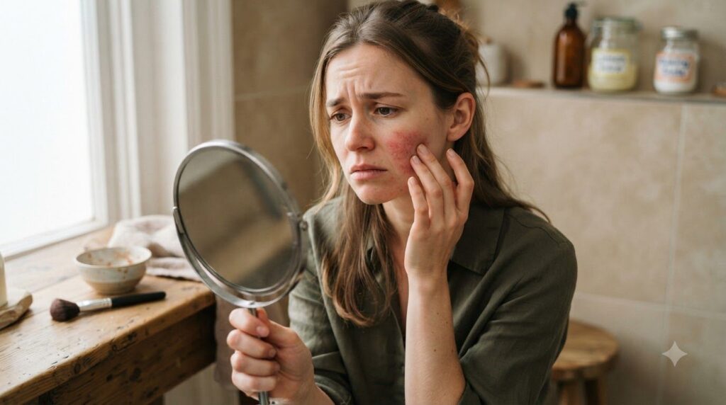 A woman with a concerned expression gently touching her cheek highlighting potential skin irritation from a DIY beauty h