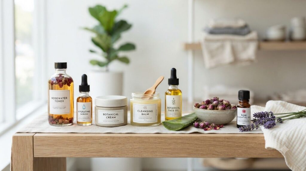 A collection of various professional skincare products and safe natural ingredients like aloe vera and rosewater arrange