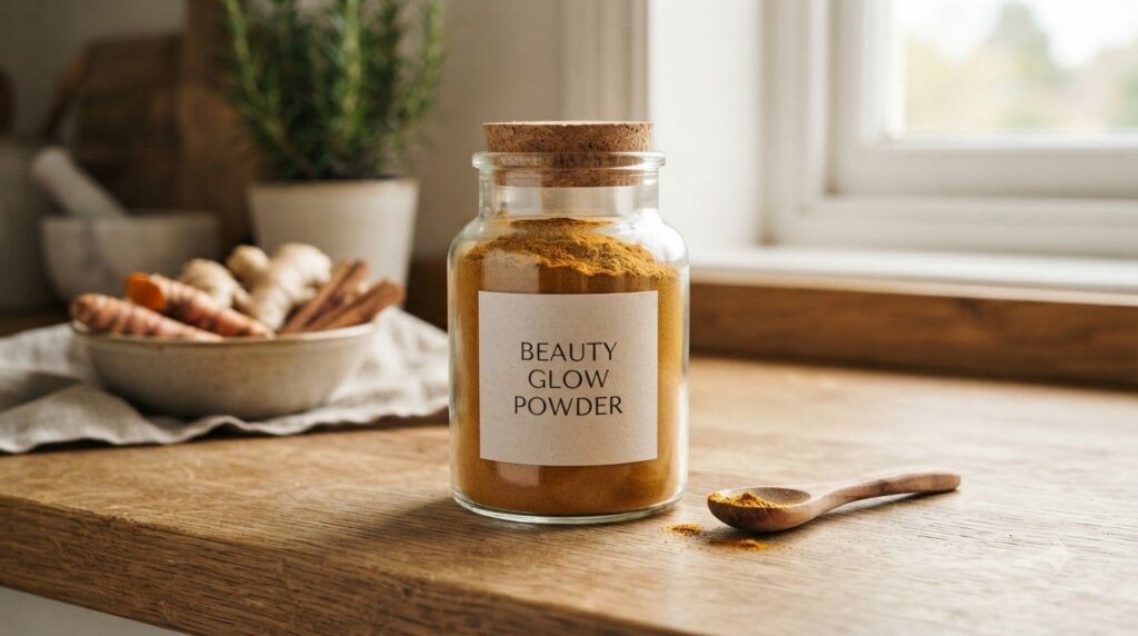 A clear glass jar filled with a golden spice blend perhaps turmeric ginger and cinnamon with a label Beauty Glow Powder 