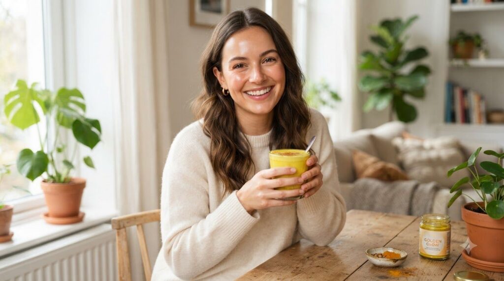 A woman smiling holding a glass of golden milk or a smoothie with the beauty powder mixed in looking refreshed and happy