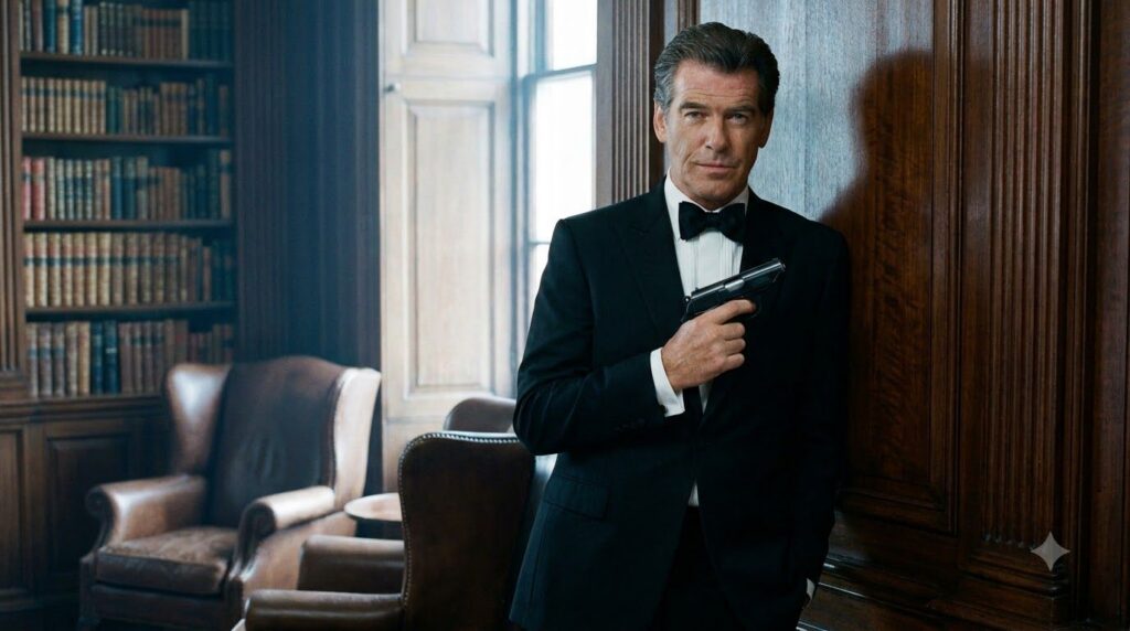 Pierce Brosnan as James Bond in a classic pose wearing a tuxedo holding a gun with a sophisticated and confident express