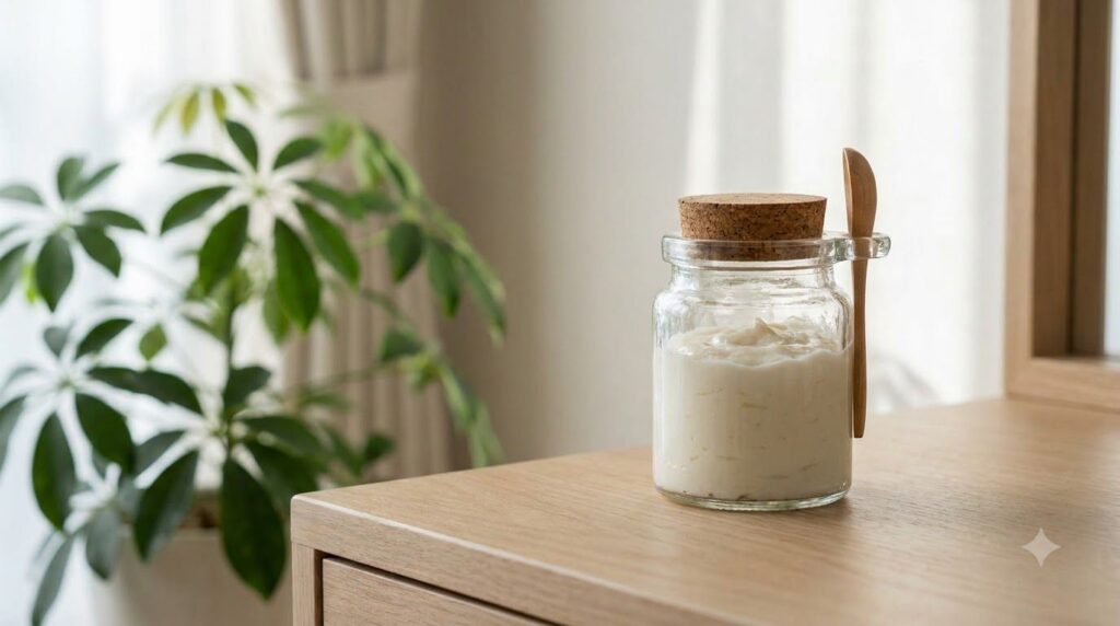 A small glass jar of homemade cream on a wooden vanity with a fresh green plant in the background suggesting a natural b