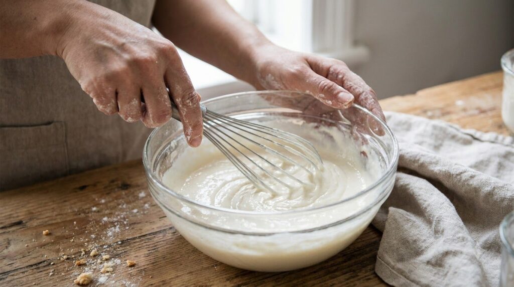 A close-up of hands mixing ingredients for a cream in a small bowl with a mini whisk