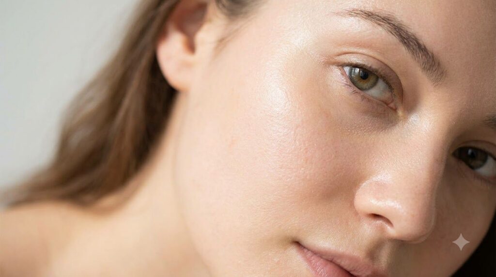 Close-up of a woman s radiant smooth skin lightly moisturized with a soft focus on her healthy complexion