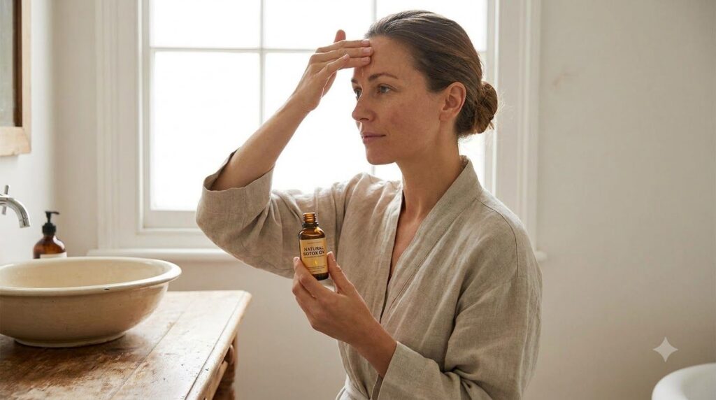 A woman gently massaging the natural botox oil onto her face in a well-lit bathroom with a small bottle of the oil visib