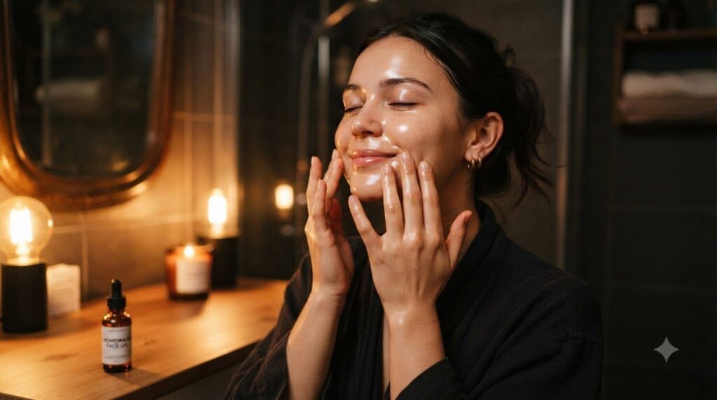 A person gently massaging a homemade oil onto their clean face at night showing soft glowing skin