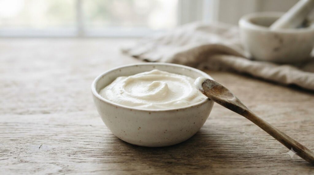 A close-up of a small bowl containing a creamy white paste made from Vaseline and baking soda with a wooden spoon