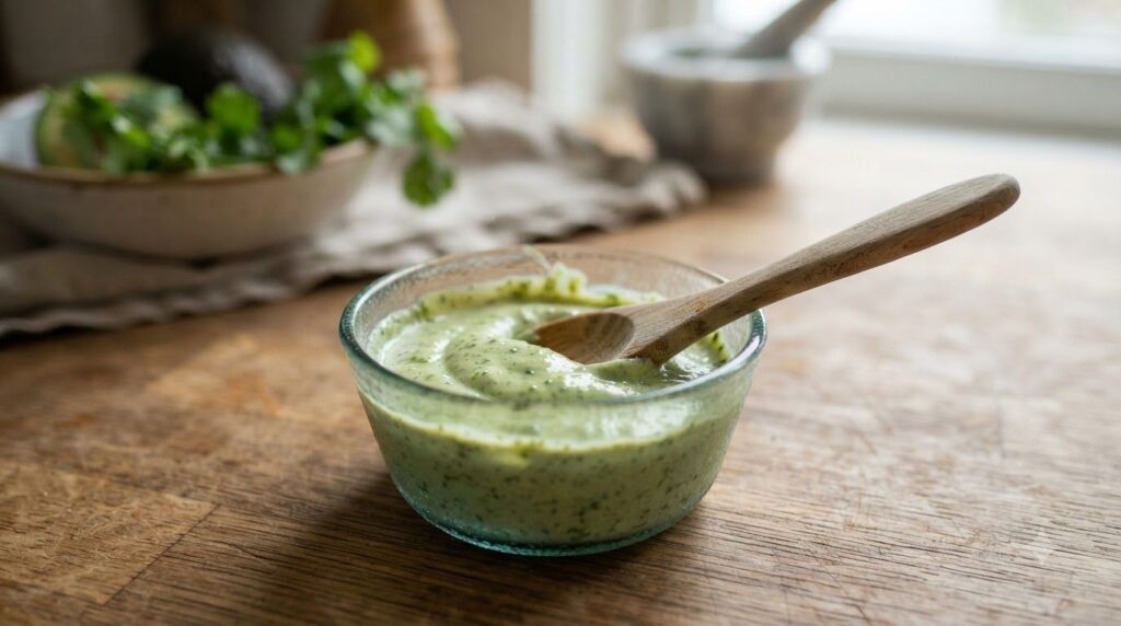 A close-up of a small glass bowl containing the mixed DIY face mask ingredients ground oats yogurt honey and green tea p