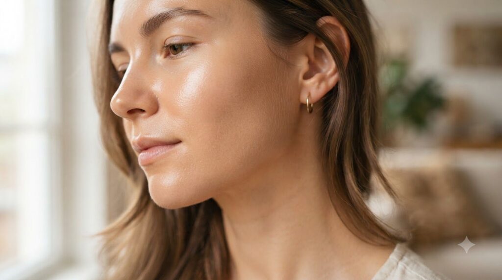 A close-up of a woman s radiant smooth skin after using a face mask with a soft glow and subtle texture improvement