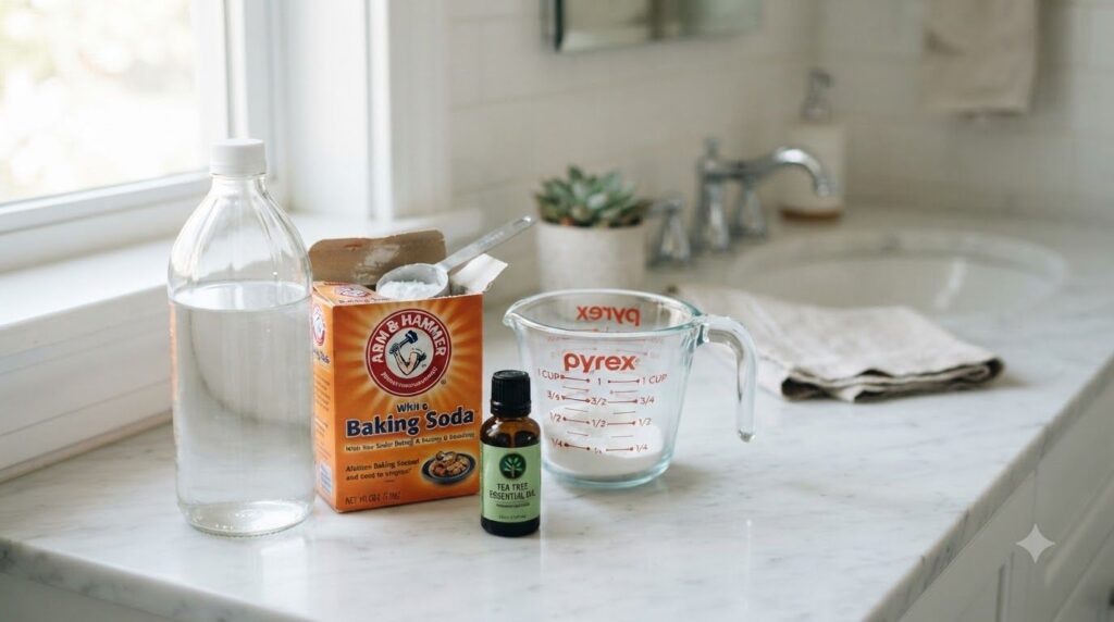 Ingredients for a nail soak laid out a bottle of white vinegar a box of baking soda a small bottle of tea tree oil and a