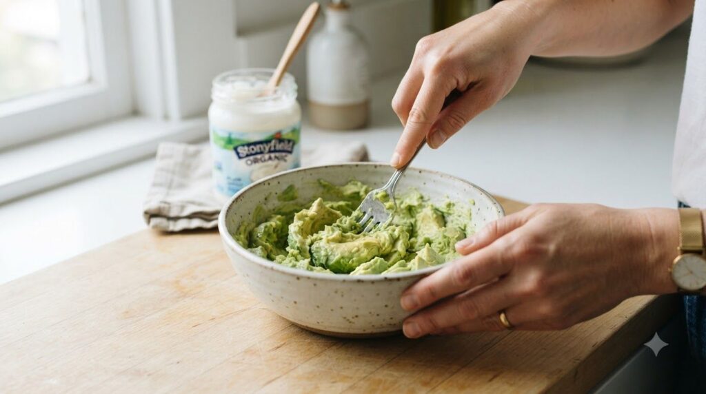 Someone mashing a ripe avocado in a bowl with a fork preparing it for a hair mask with a container of yogurt nearby