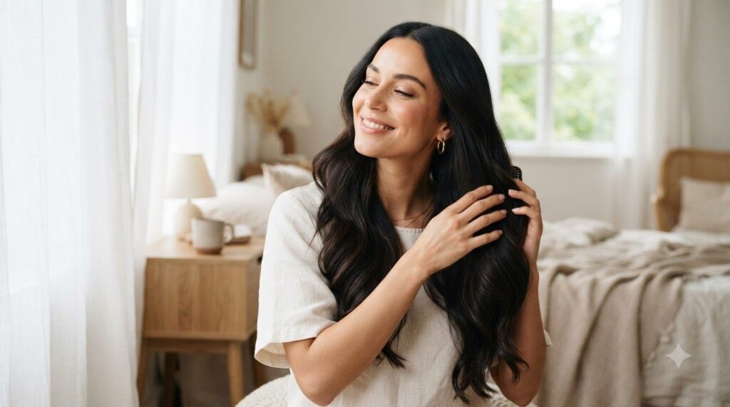 A woman with beautiful shiny healthy-looking hair possibly running her fingers through it to illustrate the results of u