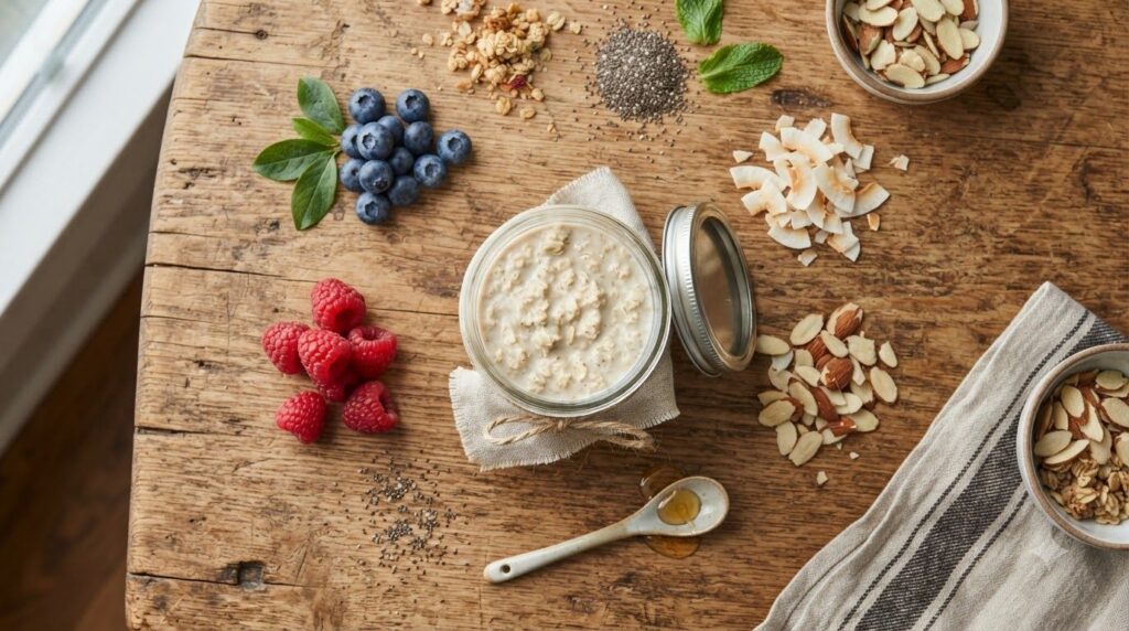 Various toppings for overnight oats displayed in small bowls including fresh berries sliced almonds chia seeds and a dri