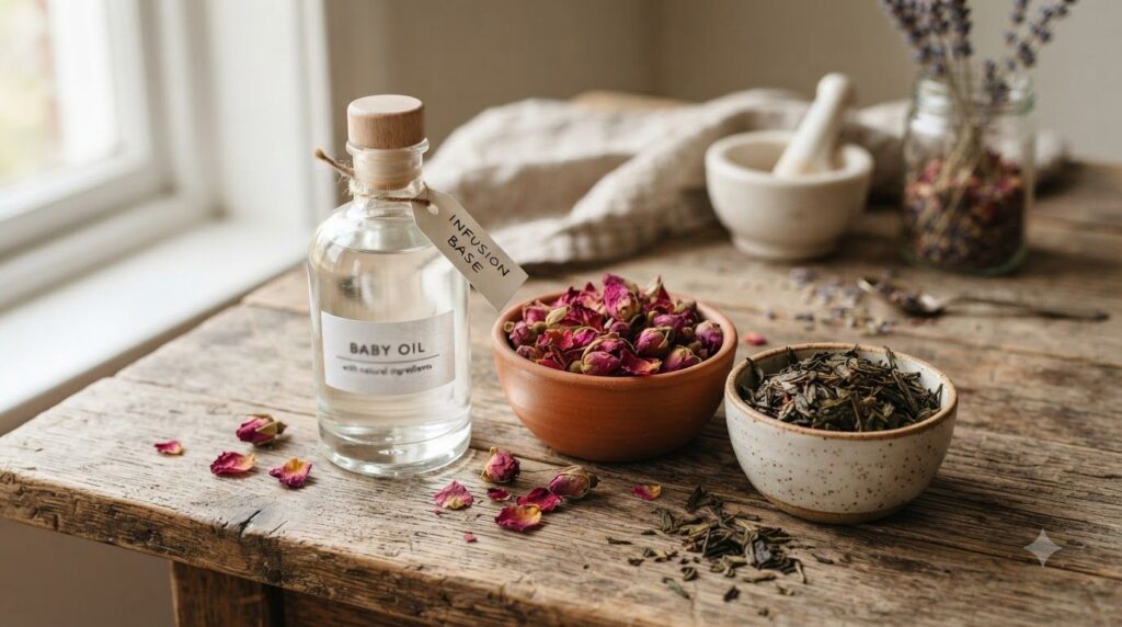 Ingredients for the baby oil infusion including a bottle of baby oil a bowl of dried rose petals and a bowl of dried gre
