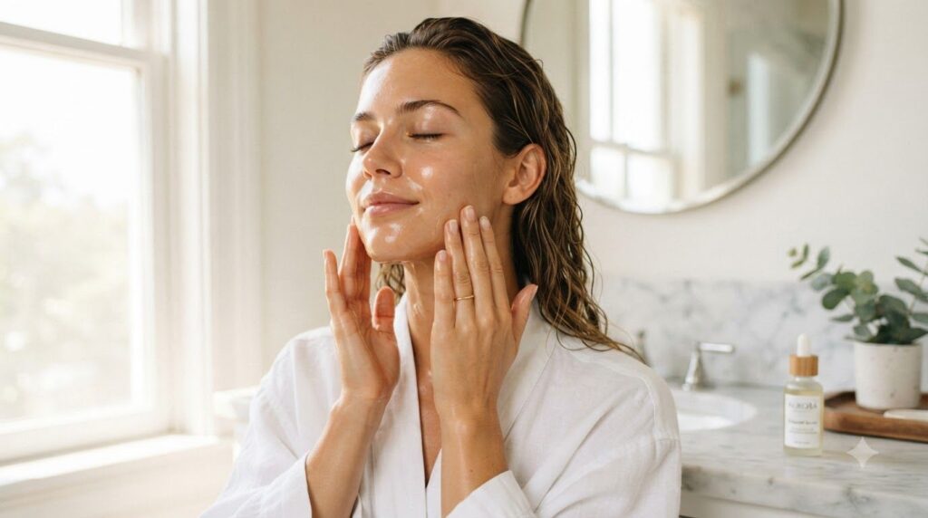 A woman with clear radiant skin gently massaging a few drops of oil onto her face and neck with her fingertips