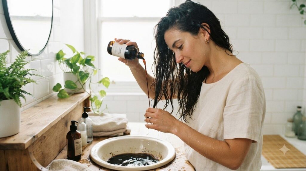 A woman gently pouring a dark hair rinse over her damp hair in a bathroom illustrating the application step