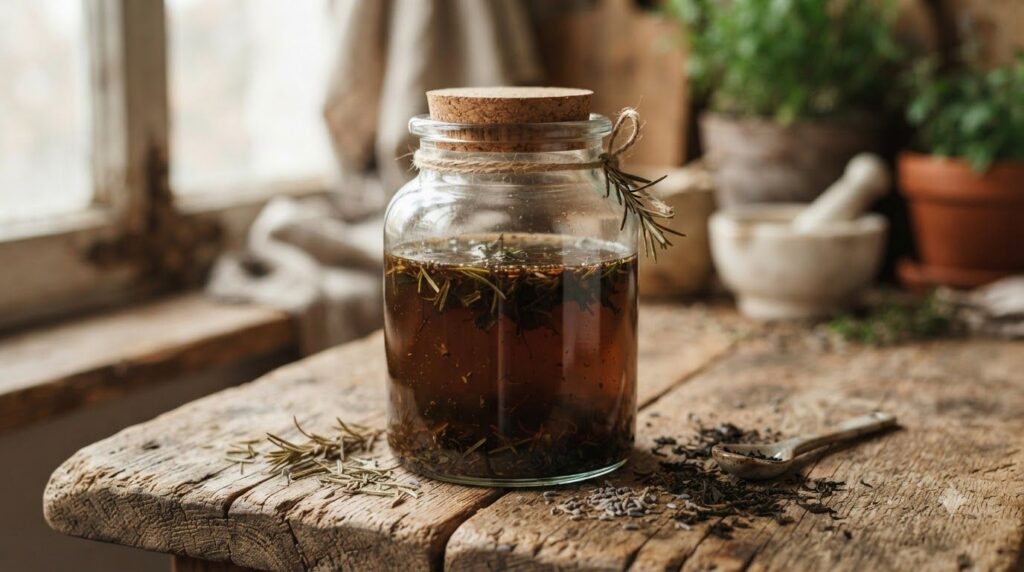 A dark liquid in a glass jar representing the finished potato peel hair rinse ready for use