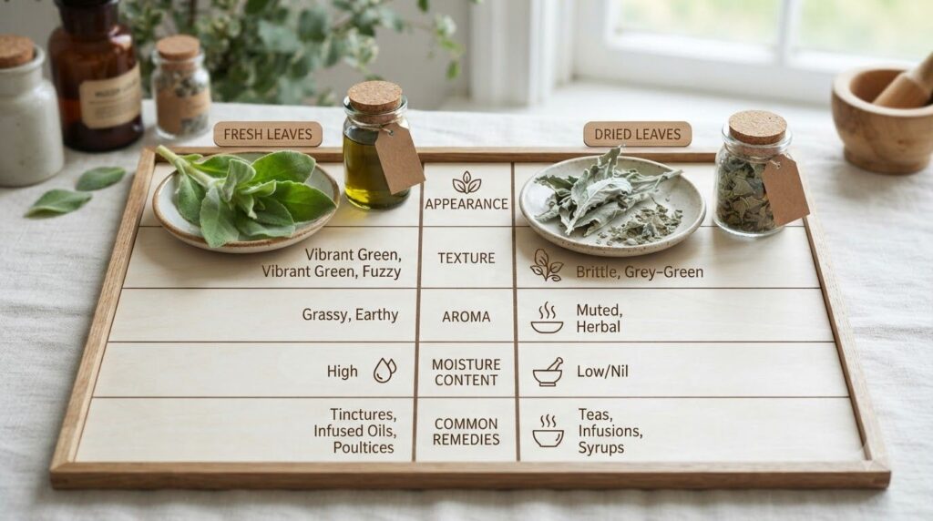A comparison table showing Fresh Mullein Leaves vs Dried Mullein Leaves for compress use detailing preparation benefits 