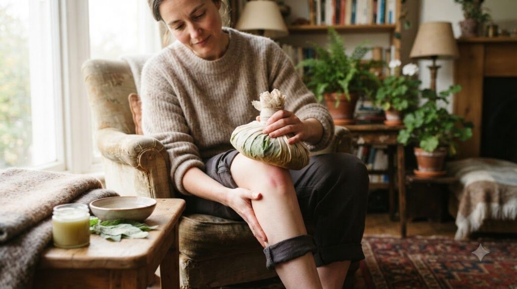A person s hand applying a warm mullein leaf compress to a knee with soft gentle lighting demonstrating proper applicati