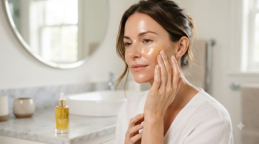 A woman gently massaging a few drops of oil onto her clean face demonstrating the application of the DIY baby oil blend