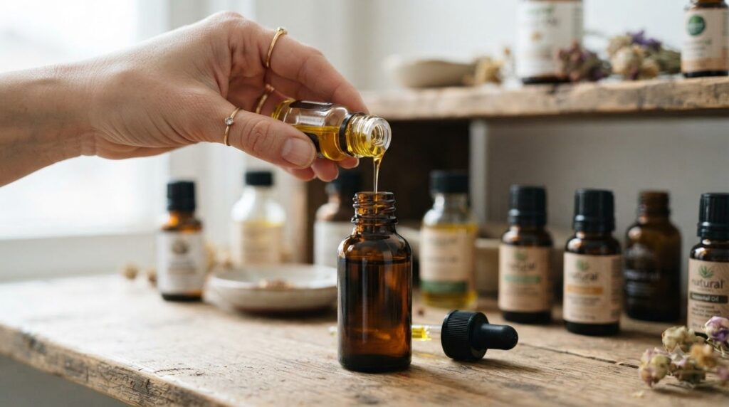 A close-up shot of a hand pouring different natural oils into a small dark glass dropper bottle symbolizing the mixing p