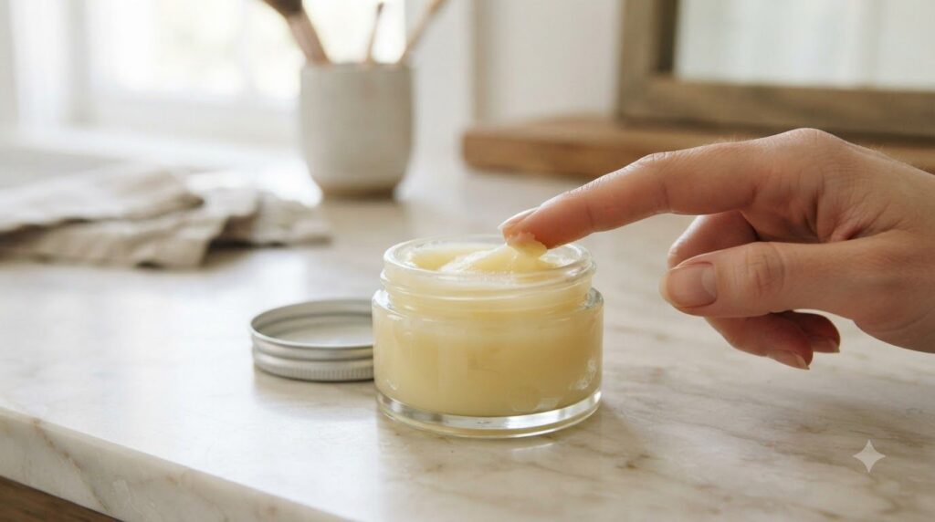 A small clear glass jar filled with the prepared Vaseline beauty balm showing a smooth slightly yellowish texture placed