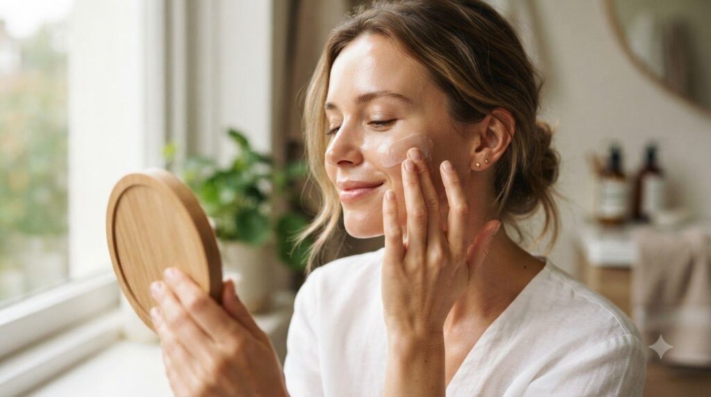 A woman gently applying a thin layer of the prepared beauty balm to her clean face with a soft radiant glow on her skin 