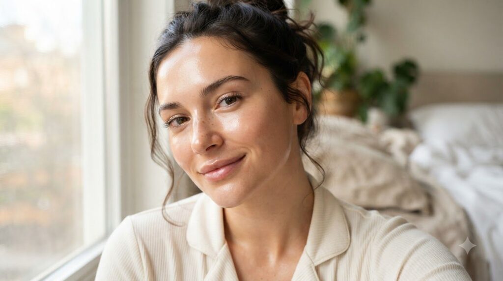 A close-up of a woman s face in the morning showing visibly smoother hydrated skin with a natural glow after an overnigh