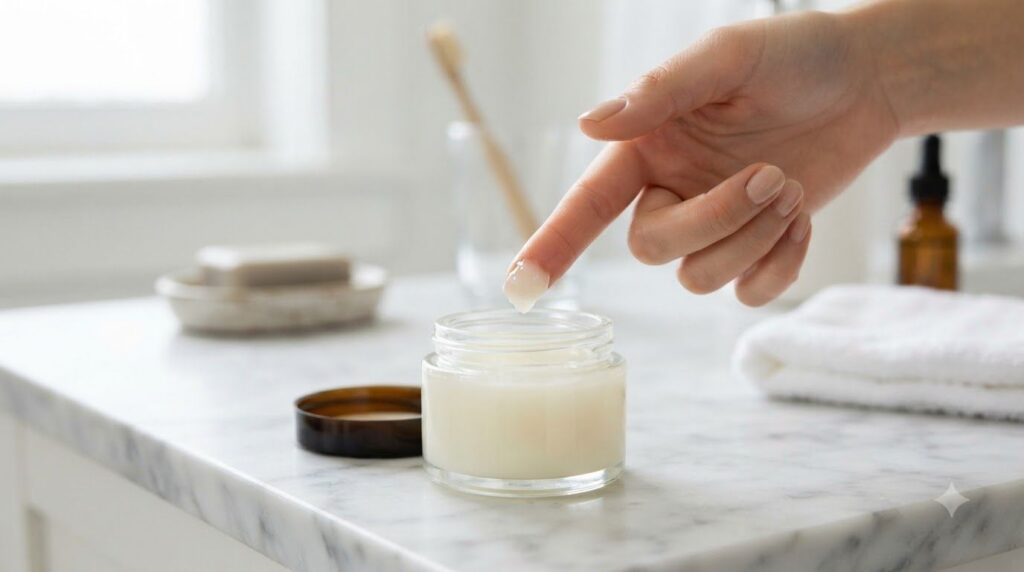A small jar of plant-based petroleum jelly with a clean finger taking a tiny dab emphasizing safe and hygienic use of th
